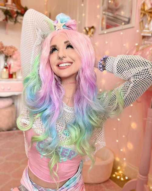 IMSTYLE Rainbow Synthetic Lace Front Wigs Colorful Natural Wave Synthetic Wig for Drag Queen Mermaid Cosplay Party 26 inches