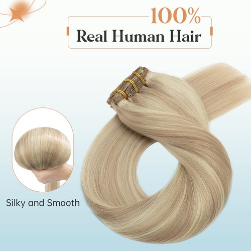 Elailite Clip in Human Hair Extensions, 125g 16 Inch 7pcs #16P22 Light Blonde Highlighted Golden Blonde 100 Real Human Hair, Double Weft Soft Natural Straight Brazilian Remy Human Hair for Women