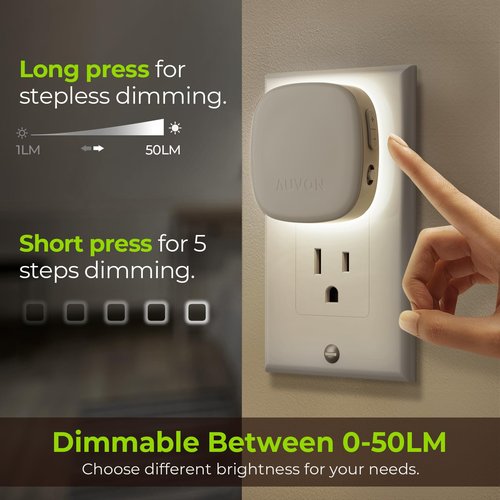 AUVON Plug-in LED Backlit Night Light with Motion Sensor & Dusk to Dawn Sensor, Dimmable Cool White Nightlight with 1-50 lm Adjustable Brightness for Bedroom, Bathroom, Stairs, Hallway (4 Pack)