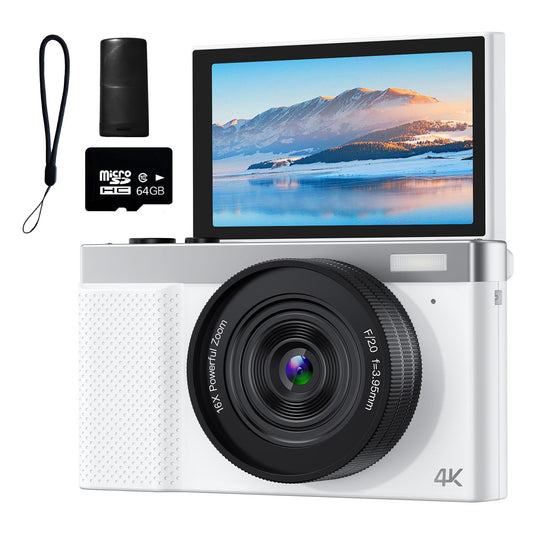 4K Digital Camera, 64MP Vlogging Camera for Photography with 3" 180° Flip Screen, 16X Digital Zoom Point and Shoot Camara with 64GB Micro SD Card for Beginner (White)