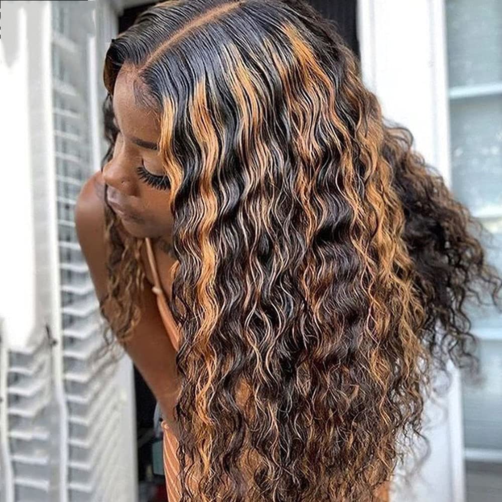 180 Density Highlight Curly Lace Front Wigs for Black Women Pre Plucked Ombre Blonde Colored Wigs 4T27 Brazilian Remy Human Hair Wig (22 Inch, 13X4 Lace Front Wig)