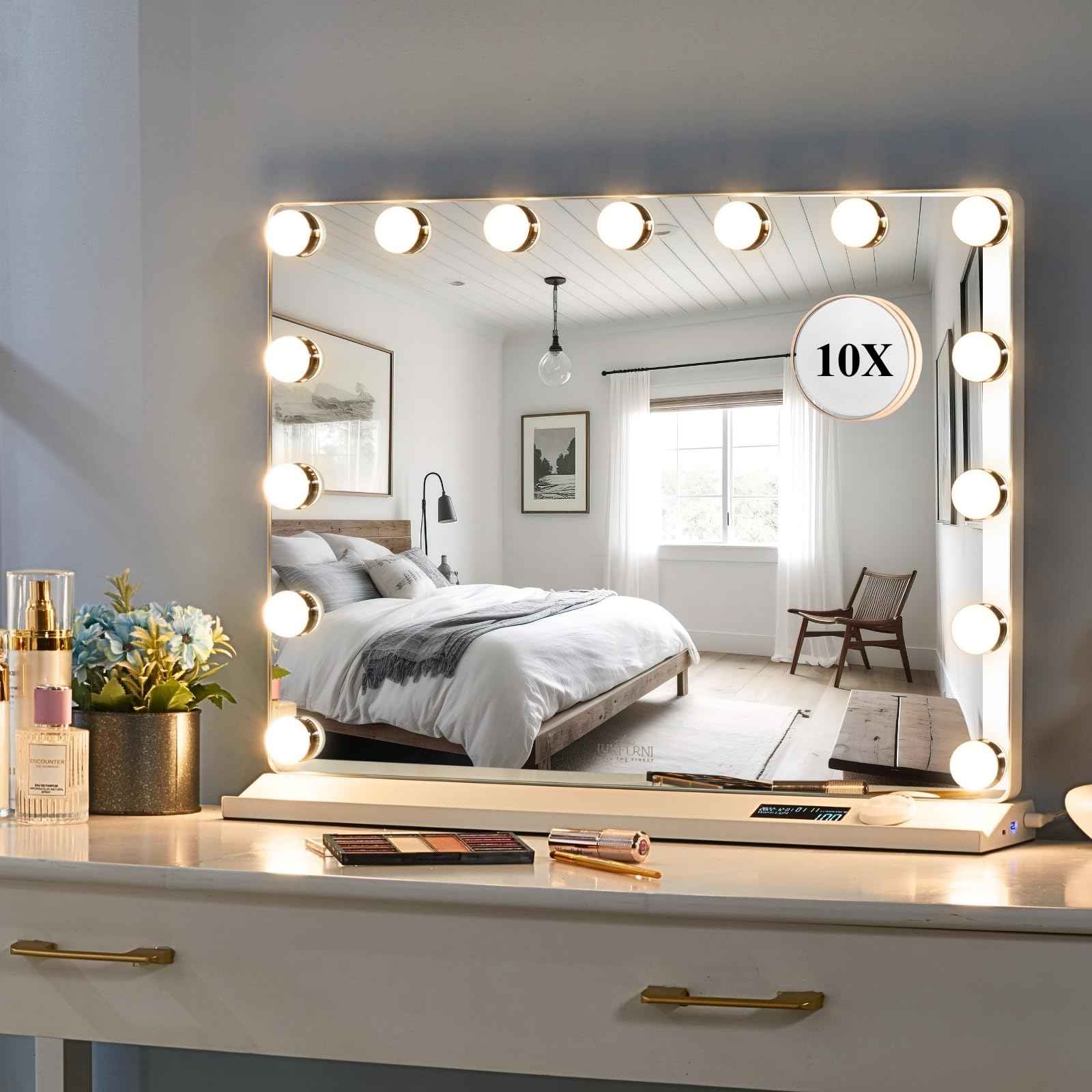LUXFURNI Vanity Mirror with Lights, Makeup Mirrors Hollywood Mirror with 15 LED Bulbs, 3 Colors Modes & Adjustable Brightness, 10x Magnification, USB Charging