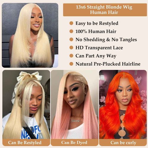 COUGARBEAUTY 613 13x6 Lace Front Wig Human Hair 26 Inch Blonde Wig Human Hair 180 Density Blonde Lace Front Wig Human Hair Pre Plucked Straight HD Lace Frontal Wigs for Women