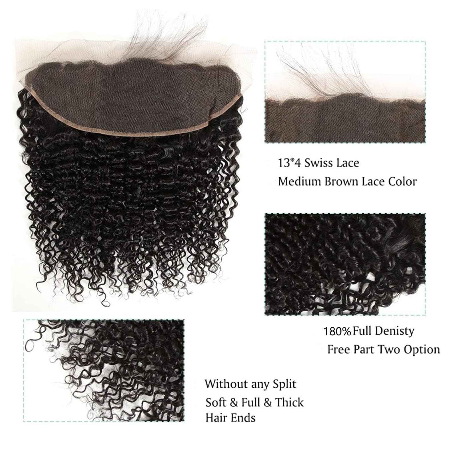 13x 4 Kinky Curly Human Hair 13x4 Full Lace Frontal Closure Free Part Ear to Ear 20 Inch Naturl Black Bleached Knots Natural Black 180% Density (13x 4 Kinky Curly, 20 inch)