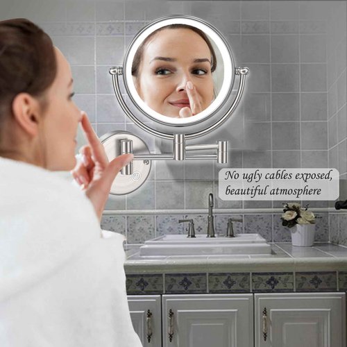 RECKODOR Bathroom Magnifying Makeup Mirror Wall Mounted with Light, Hardwired 7W LED Lighted Vanity Mirror, 360 Swivel 17.7 Inch Brass Extension Arm, Touch Dimmable, Brushed Nickel