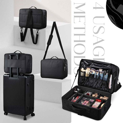 Adazzo Large Makeup Bag, 3 Layers 17” Makeup Case Organizer with Mirror Professional Cosmetic Storage Backpack Box Travel Artist Carrying Vanity Bags with Brush Slot/Shoulder Strap/Attach to Suitcase
