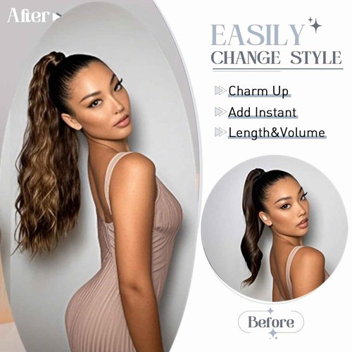 Rich Choices Ponytail Extension 100% Real Human Hair Wrap Around Remy Ponytail Extension for Women Clip In Long Pony tail Extensions Straight 15 Inch #4P27 Medium Brown Highlighted Dark Blonde