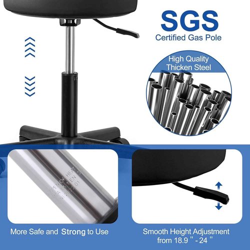 JMU Rolling Stool with Wheels, PVC Leather Large Seat Stool, 400lbs Weight Capacity, Heavy Duty Adjustable Height for Medical Tattoo Office Lab Dentists Healthcare (Black)