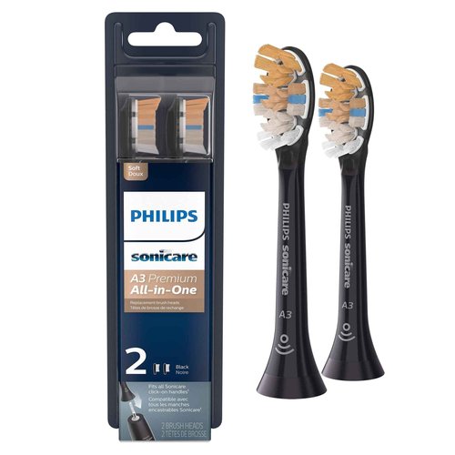 Philips Sonicare Genuine C3 Premium Plaque Control Replacement Toothbrush Heads & Genuine A3 Premium All-in-One Replacement Toothbrush Heads, 2 Brush Heads, Black, HX9092/95