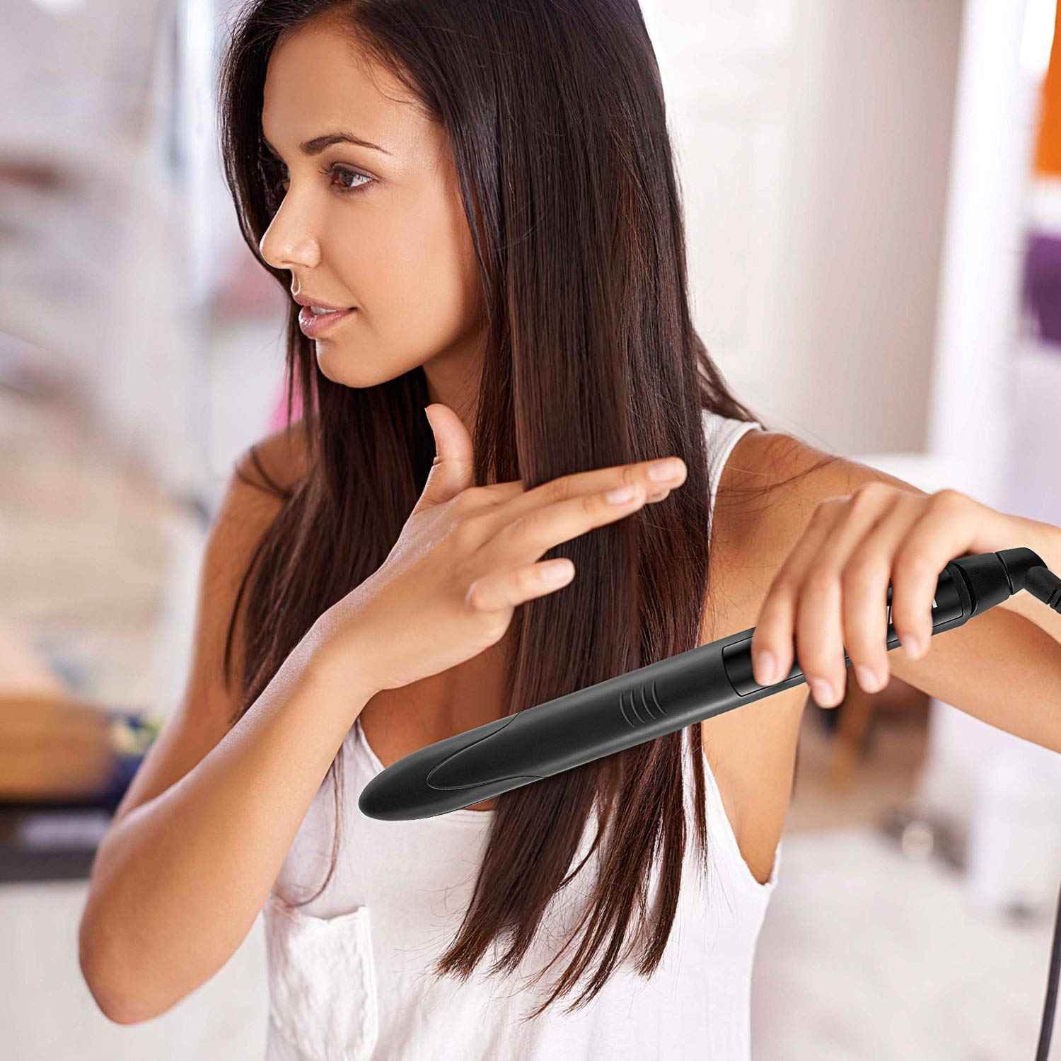 LOVANI Titanium Flat Iron, 450F High Heat Hair Straightener with Digital LCD, Dual Voltage, Auto Shut Off, Heat Resistant Bag, Glove and 2 Hair Clips (7 Piece Set), Black