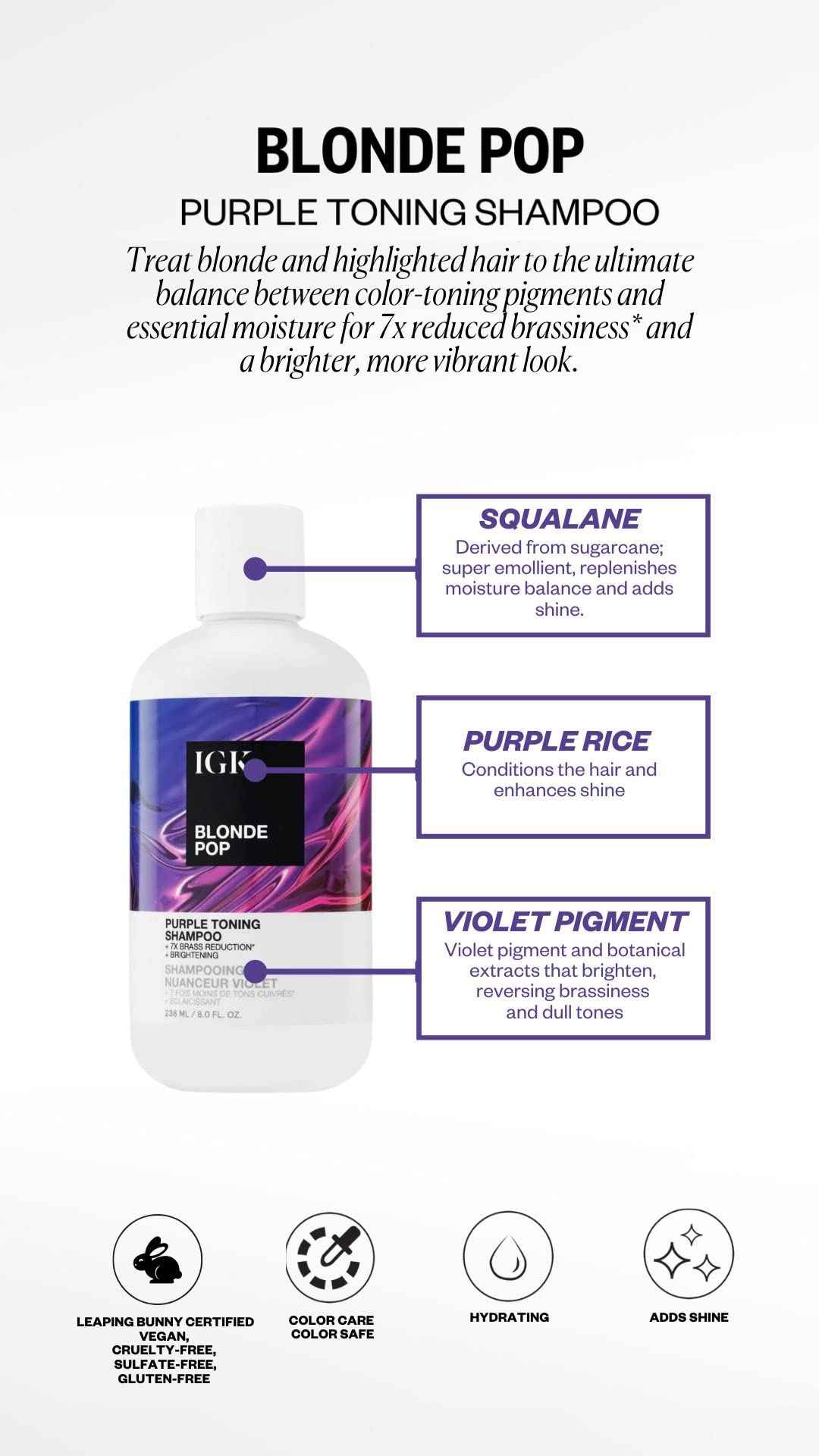 IGK BLONDE POP Purple Toning Shampoo Liter | Brighten + Neutralize Brass | Vegan + Cruelty Free | 33.8 Oz