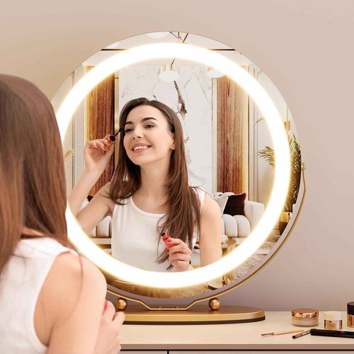 GarveeHome 19 in Vanity Mirror with Lights, Round Large LED Vanity Mirror with Smart Touch 3 Colors Dimmable, Touch Lighting, 360° Rotation for Dressing Room & Bedroom Tabletop, Easy Assembly(Gold)