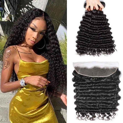 Deep Wave Bundles with Frontal 13x4 Lace Frontal With Bundles 100% Unprocessed Brazilian Hair Extensions Natural Color (Deep Wave 3+1, 18 20 22+16)
