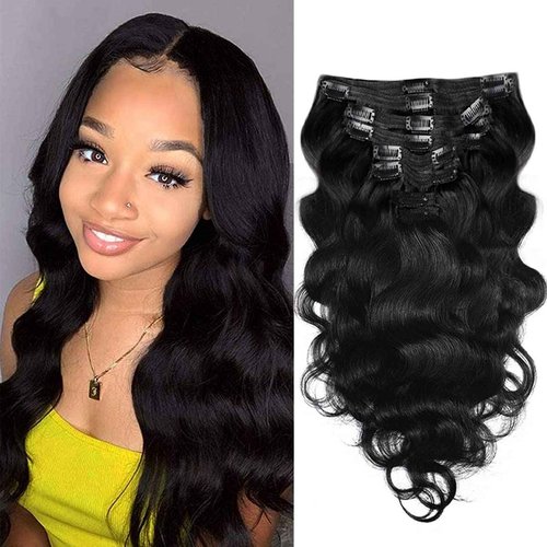 Body Wave Brazilian Clip in Hair Extensions Human Hair 8Pcs Remy Hair Extensions Clip ins for Black Women with 18Clips 120g (20inch, Natural Black)