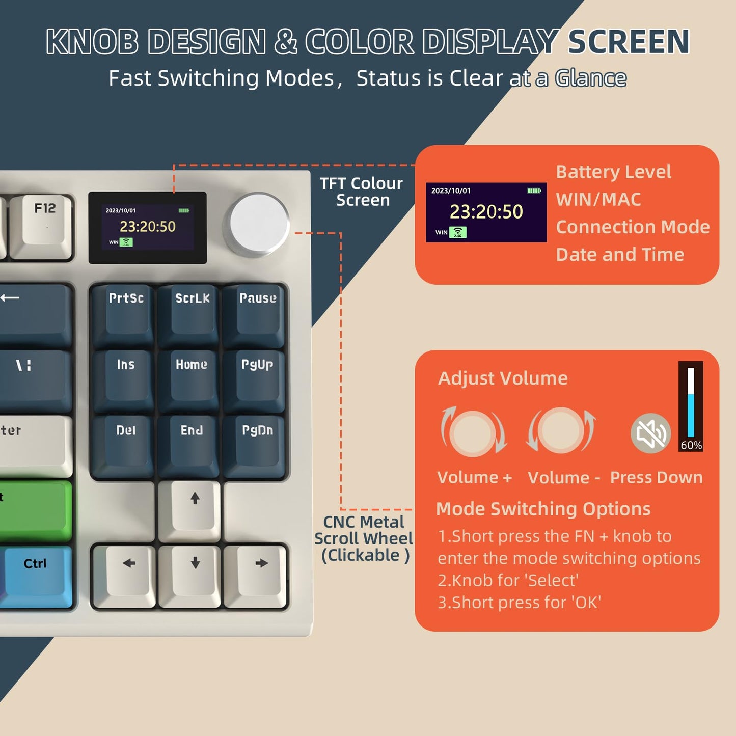 RK86 Mechanical Keyboard, 2.4G Wireless/BT5.0/USB-C Wired Gaming Keyboard 75% Layout TKL 87 Key with 1.2'' TFT HD Color Display & CNC Knob, 27 RGB Backlit TTC Hot-Swap Linear Switch PBT Keycap