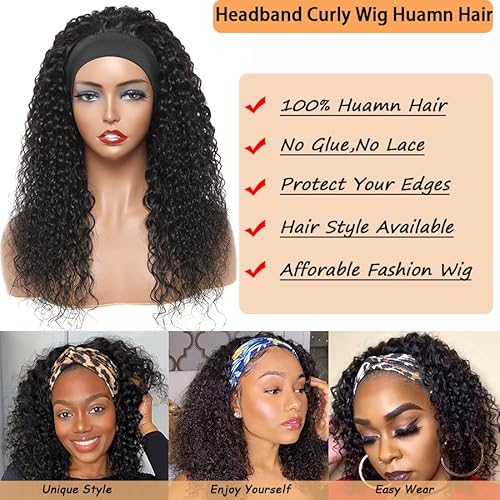 Headband Wig Human Hair Curly Wigs for Black Women 22 inch Wigs Human Hair Glueless Wear and Go None Lace Front Wig Headband Wigs Machine Made 180% Density Natural Color