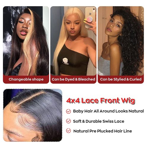Spotlight 4x4 Lace Front Wig Straight Human Hair Wigs for Black Women 180% Density Brazilian Virgin Lace Closure Wig Pre Plucked With Baby Hair Natural Hairline 20 Inch