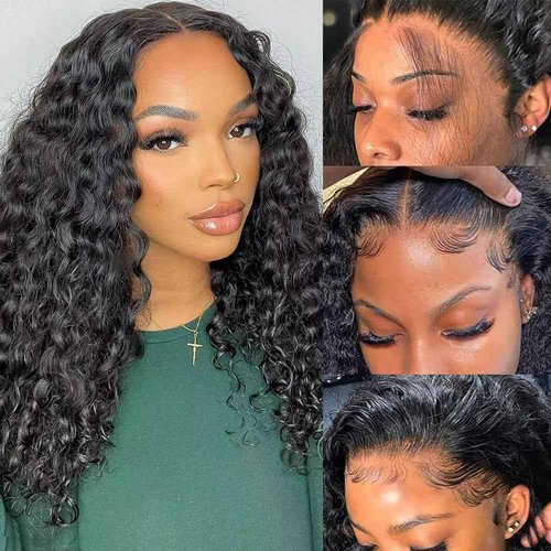 FIRIEYA 13x4 Deep Wave Lace Front Wigs Human Hair 180% Density HD Transparent Lace Frontal Wigs for Women Glueless Wigs Human Hair Pre-Plucked with Baby Hair 18 Inch