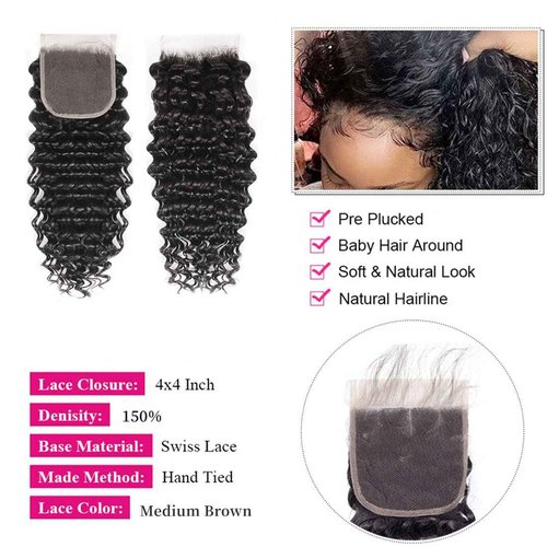 Deep Wave Bundles with Closure Human Hair Deep Curly 3 Bundles and 4x4 Closure (16 18 20+14Inch) Free Part Natural Color 100% Unprocessed Brazilian Virgin Hair Double Weft for Black Women