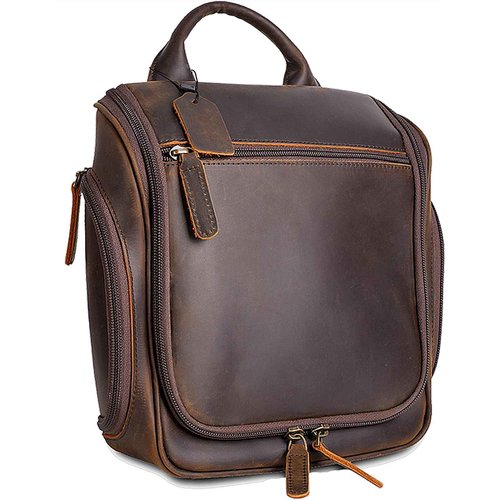 MCKDERWRILL Versatile Genuine Leather Travel Hanging Toiletry Bag, A Dark Brown Hanging Makeup Organizer for Men or Women, Water-resistant Shaving Kit Bag Suitable for Camping and Travel Trips