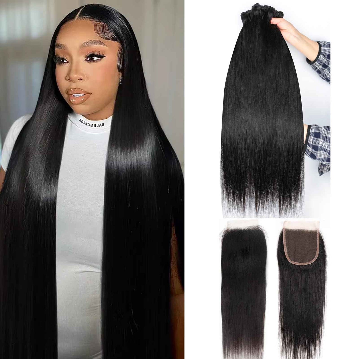 Human Hair Bundles with Closure Straight(16 18 20 +14,Free Part) Closure with 3 Bundles Brazilian Virgin Hair 16A Extensions with Pre Plucked with Baby Hair 4X4 HD Lace Closure Natural Black Color