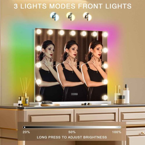 COOLJEEN Vanity Mirror with Lights and Bluetooth, 23x18 Inch 15 Bulbs Front and RGB Backlit Makeup Mirror with Dimmable 3 Color, Tempered Glass, Detachable 10X Magnification, Tabletop & Wall-Mounted