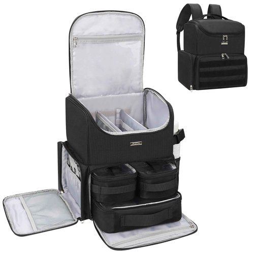 Relavel Makeup Backpack Large Makeup Bag with 3 Clear Set Bags, Dual Layer Professional Cosmetic Organizer Travel Train Case Makeup Artist Kit with Adjustable Dividers & Easy to Clean Lining, Black