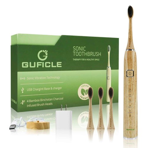 GUFICLE Bamboo Electric Toothbrush, Sonic Electric Bamboo Toothbrush for Adults, IPX7 Waterproof Rechargeable Toothbrush, 5 Cleaning Modes, 4 Bamboo Brush Heads Soft Bristle
