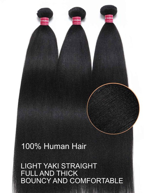 Julia Hair 12A Yaki Straight Human Hair 3 Bundles 8 10 12 Inch Unprocessed Virgin Real Human Hair Weave Extensions for Women Clip in Kinky Straight Human Hair Bundles Natural Black