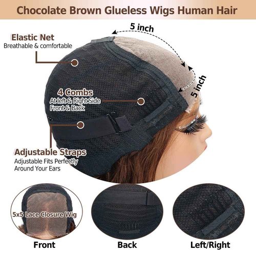 eddfine 250% Density 5x5 HD Lace Closure Wigs Human Hair Glueless Wigs Human Hair Pre Plucked Pre Cut Chocolate Brown Body Wave Lace Front Wigs #4 Glueless Wigs 18 Inch