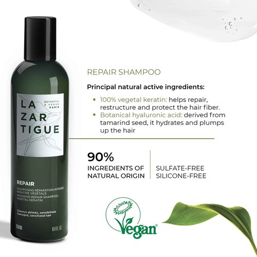 Lazartigue Repair Shampoo, Vegetal Keratin Treatment for Damaged Hair, Restructures Hair Fiber and Reduces Split Ends, Vegan, Sulfate & Silicone Free, 16.9 Fl Oz