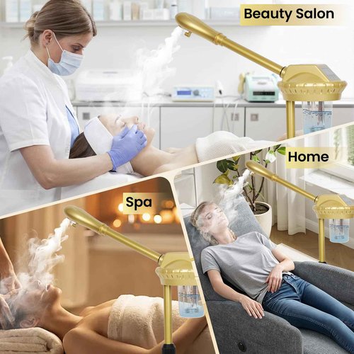 Facial Steamer Professional with More Steam for Deep Cleansing and Hydration, Estheticians Steamer on Wheels with Time Setting, Face Steamer Adjustable Height for Beauty, Spa and Home Use（Golden）