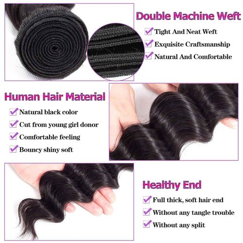 Beaushine 10A Human Hair Bundles with Closure Loose Deep Wave Quick Weave Hair-18 20 22+18inch, 100% Raw Brazilian Virgin Hair Loose Wave Lace Closure with 3 Bundles Pre plucked Natural Black Color