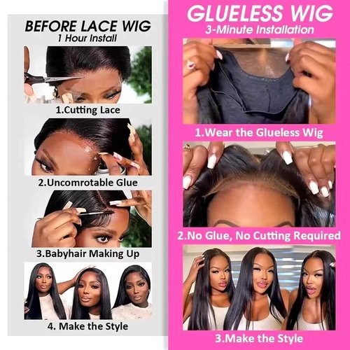 JUBOTIN Straight Gluless Lace Wigs Human Hair Pre Bleached Invisible Knots 30 Inch 6x4 HD Lace Front Wigs Human Hair Glueless Wigs Human Hair for Women Pre Plucked 180% Density