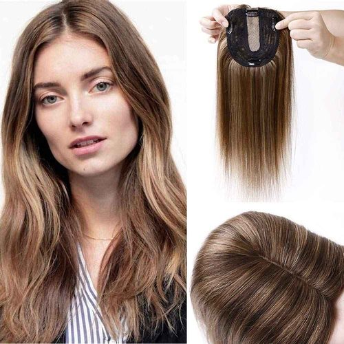 SEGO Clip in Hair Topper for Women, No Bangs Remy Human Hair Toppers, Silk Base Top Wiglet Hairpieces for Hair Loss Thinning Cover Grey 4 Clips