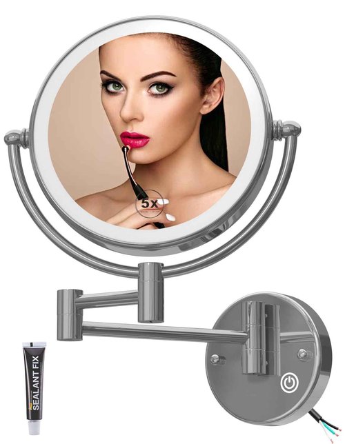 Wall Mounted Makeup Mirror with Lights Hardwired, 1/5X Magnifying Double Sided Touch Dimming, 360 Rotation Extension Arm Shaving Light up Mirror for Bathroom, Chrome
