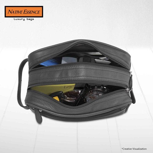 Leather Toiletry Bag, Black Genuine Calf Leather Travel Bag, Handmade DOPP Kit for Travel, Cosmetic Pouch, Luxury Shaving Bag, Bathroom Organizer, Stylish Grooming Kit for Men and Women Gift Packed