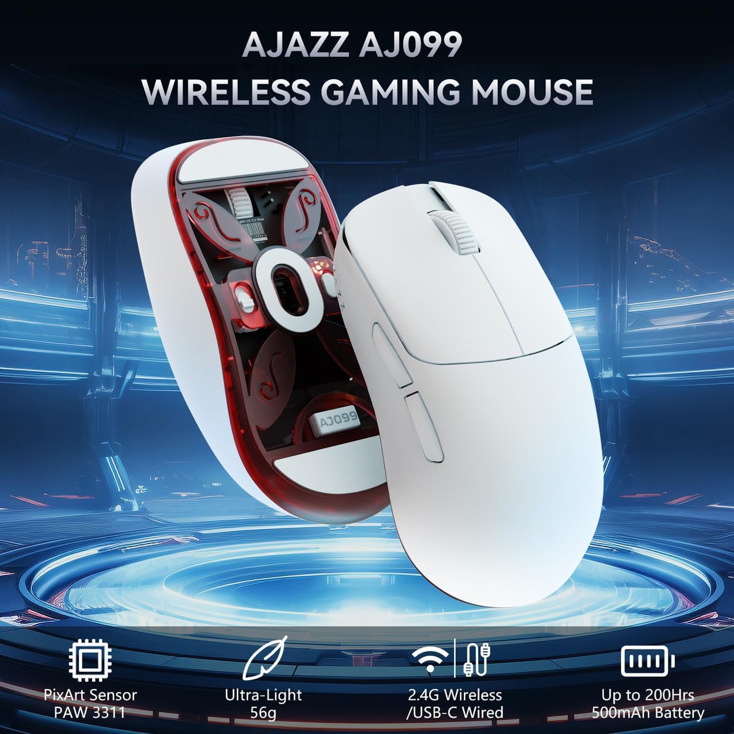 Ajazz AJ099 Superlight Wireless Gaming Mouse, Ergonomic 54g Ultra Lightweight 2.4Ghz/Wired Computer Mouse, PAW3311 12000 DPI Optical Sensor, 200Hrs Battery Programmable Buttons for Win/MAC PC Gamers