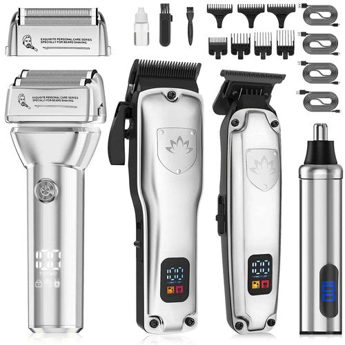 Dumite Hair Clippers for Men,4 in 1 Professional Hair Clippers T-Blade Trimmer Electric Foil Shaver Nose Hair Trimmer Set,Cordless Barber Hair Cutting Men’s Grooming Kit LCD Display Gifts (Silver)
