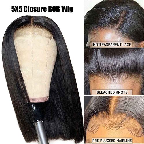 5X5 Closure Bob Wigs Human Hair Straight 8 Inch 5x5 HD Transparent Bob Lace Front Wigs Human Hair Wear and Go Glueless Wig Pre Plucked with Natural Hairline Short Bob Lace Closure Wigs for Black Women