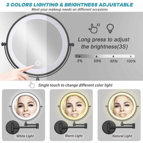 LEDOOLE Brass Wall Mounted Magnifying Mirror with Light 1X/10X, Rechargeable Arm Touch Dimmable 360 Rotation Foldable Bathroom Light up Wall Mirror Extendable, Matte Black