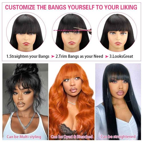 Sooolavely 22 Inch Body Wave Wigs with Bangs Human Hair Wig for Women Machine Made None Lace Front Wigs 180% Density Brazilian Virgin Human Hair Glueless Wig with Adjustable Drawstring Natural Color