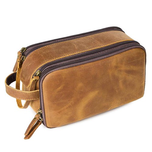 DENGFENGZHE Toiletry Bag for Men, Full Grain Leather Travel Pouch Shaving Dopp Kit Bathroom Toiletries Organizer Bags, Brown