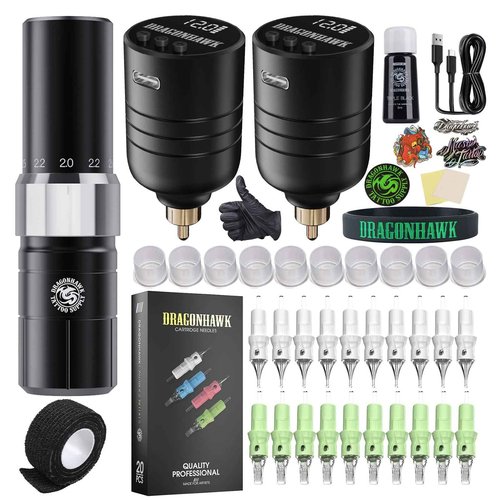 Dragonhawk Tour Y23 Wireless Tattoo Kit 2 Replaceable Batteries Tattoo Pen Machine Gun Kit with 6 Strokes Length Change