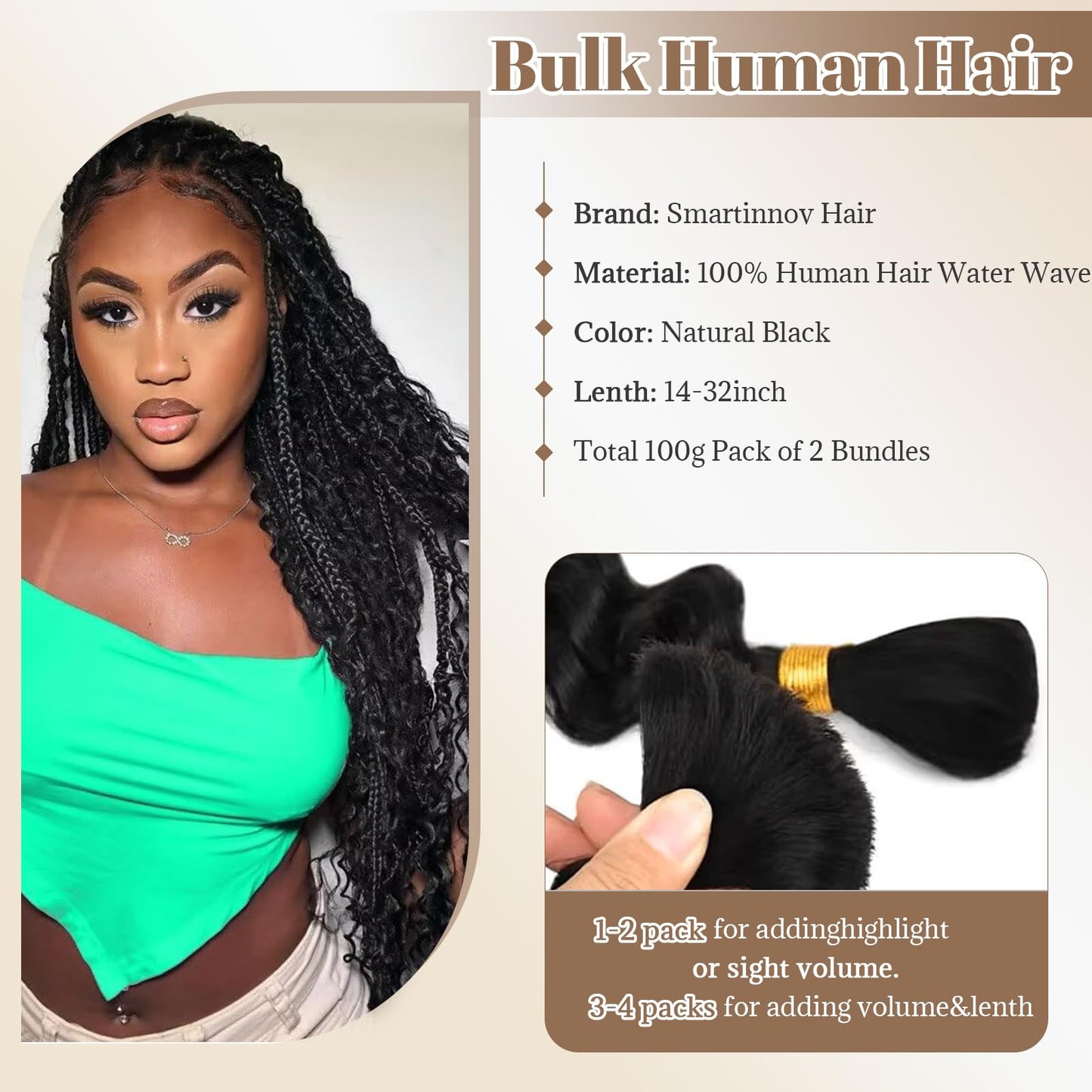 Human Braiding Hair 2 Bundle 100G 26 Inch Deep Water Wave Bulk Human Hair for Braiding No Weft 10A Bohemian Hair Virgin Curly Human Hair Extensions for Boho Braids Wet and Wavy Braiding Hair