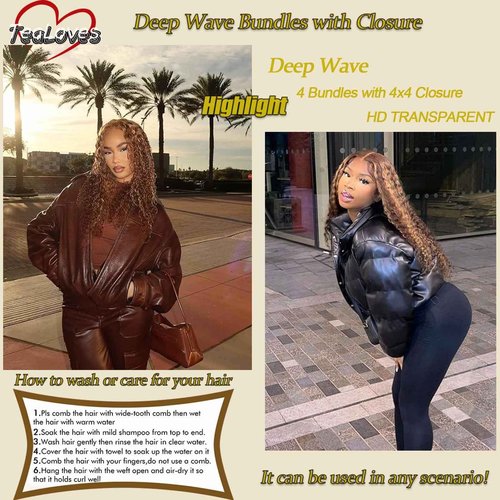 Highlight Bundles Human Hair with Closure 4/27 Ombre Brown 10a Deep Wave 12 Inch 4x4 Lace Closure with 4Bundles 12" 14" 16" 18"