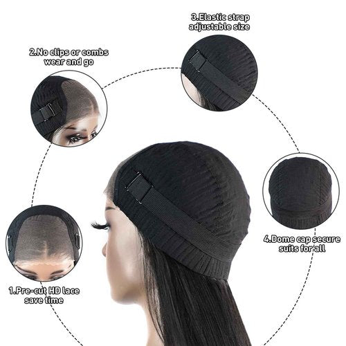 FACMOOD Wear and Go Glueless Bob Wig Human Hair Straight, 6x4 Pre-Cut HD Lace Glueless Wigs Pre-Plucked, Transparent Lace Front Closure Wigs for Women 180% Density 12 inch