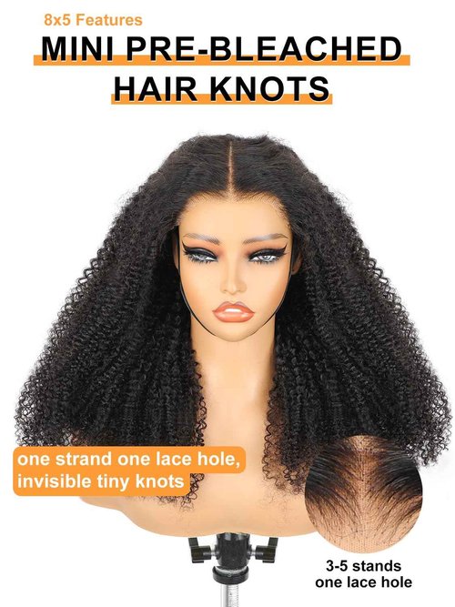 Domiso Afro Kinky Curly Wig Human Hair 8x5 M-Cap Max Part Knots Bleached Glueless Wigs Human Hair Plucked Pre Cut Lace Wig Big Fluffy Curl 16 Inch