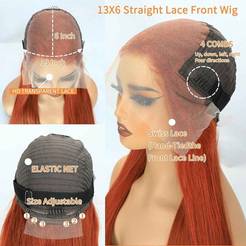 28 Inch Ginger Orange Lace Front Wigs Human Hair Pre Bleached 200% Density 13x6 HD Straight Lace Front Wigs Pre Plucked with baby Hair
