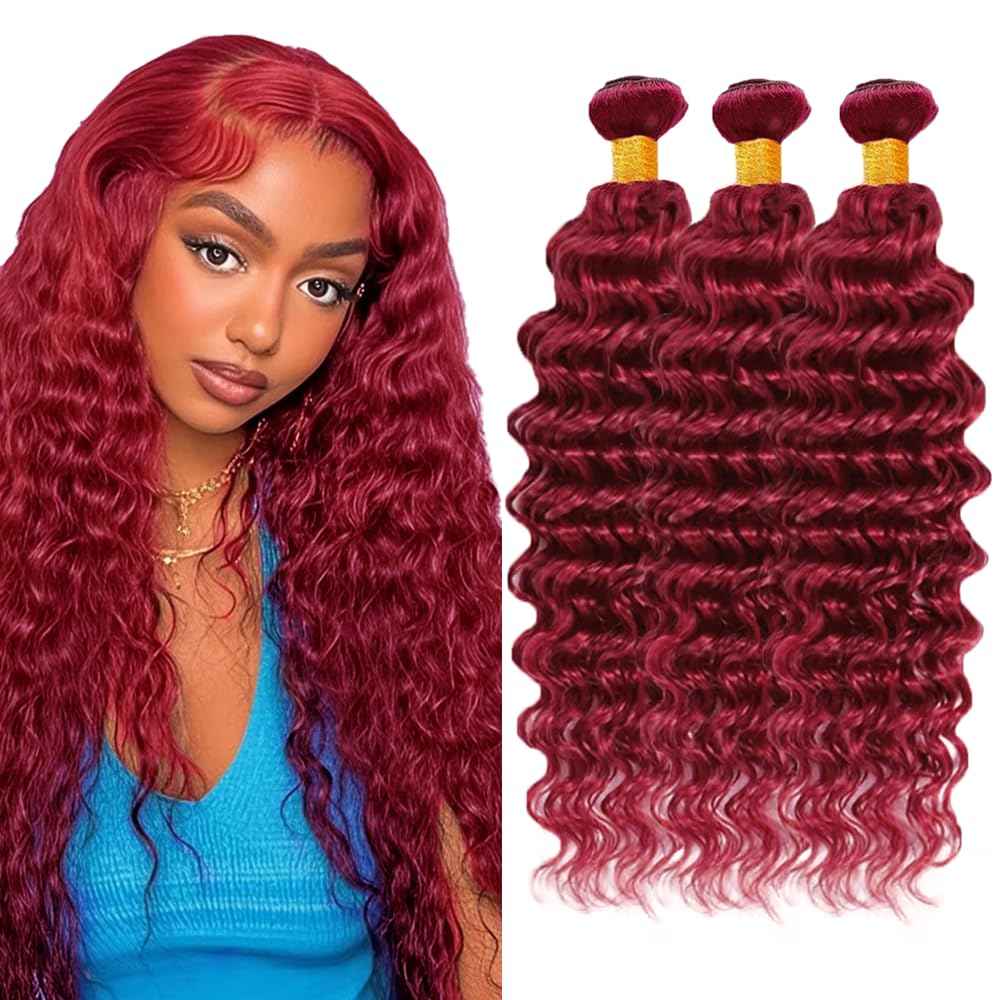 28 30 32 inch Red Human Hair Bundles Burgundy Deep Wave 3 Bundles Burgundy Human Hair Bundle Red Deep Wave Bundle 300g